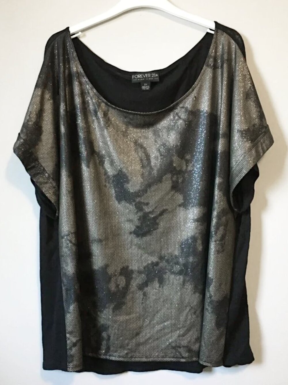 F21 Tie-Dye Print Black & Bronze Rolled Sleeve Rayon Blend Tee - 3X McBling